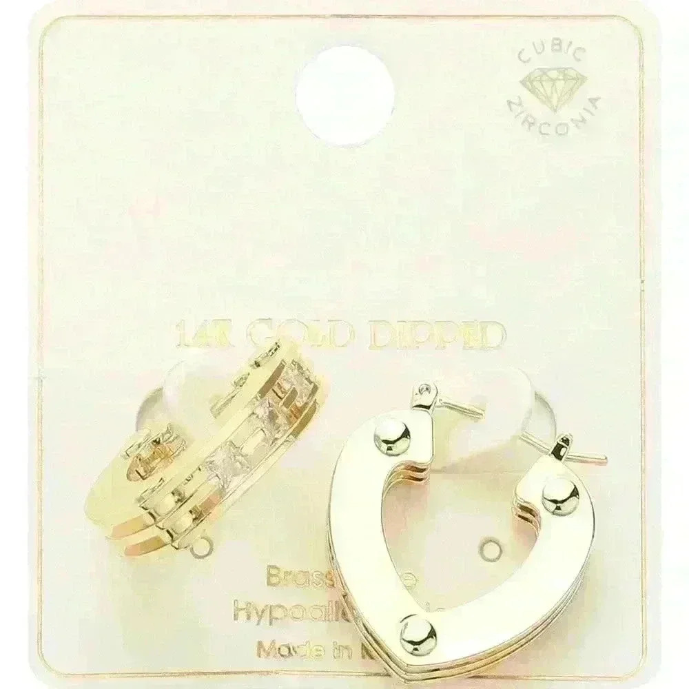 Gold Heart Earrings with Simulated Stones - Picture 2 of 2